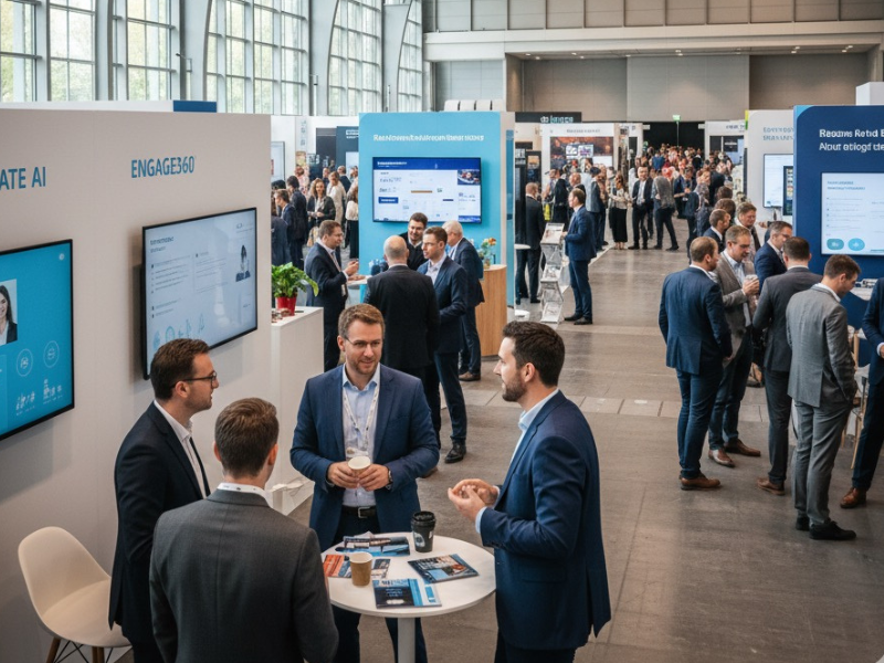 Geschäftsleute auf einer Messe im Gespräch über digitale Automotive Lösungen und datenbasiertes Marketing